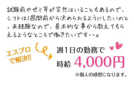 試験前やゼミ等が突然はいることもあるので、シフトは1週間前から決められるようにしたいのと、未経験なので、基本的な事から教えてもらえるようなところで働きたいです・・。